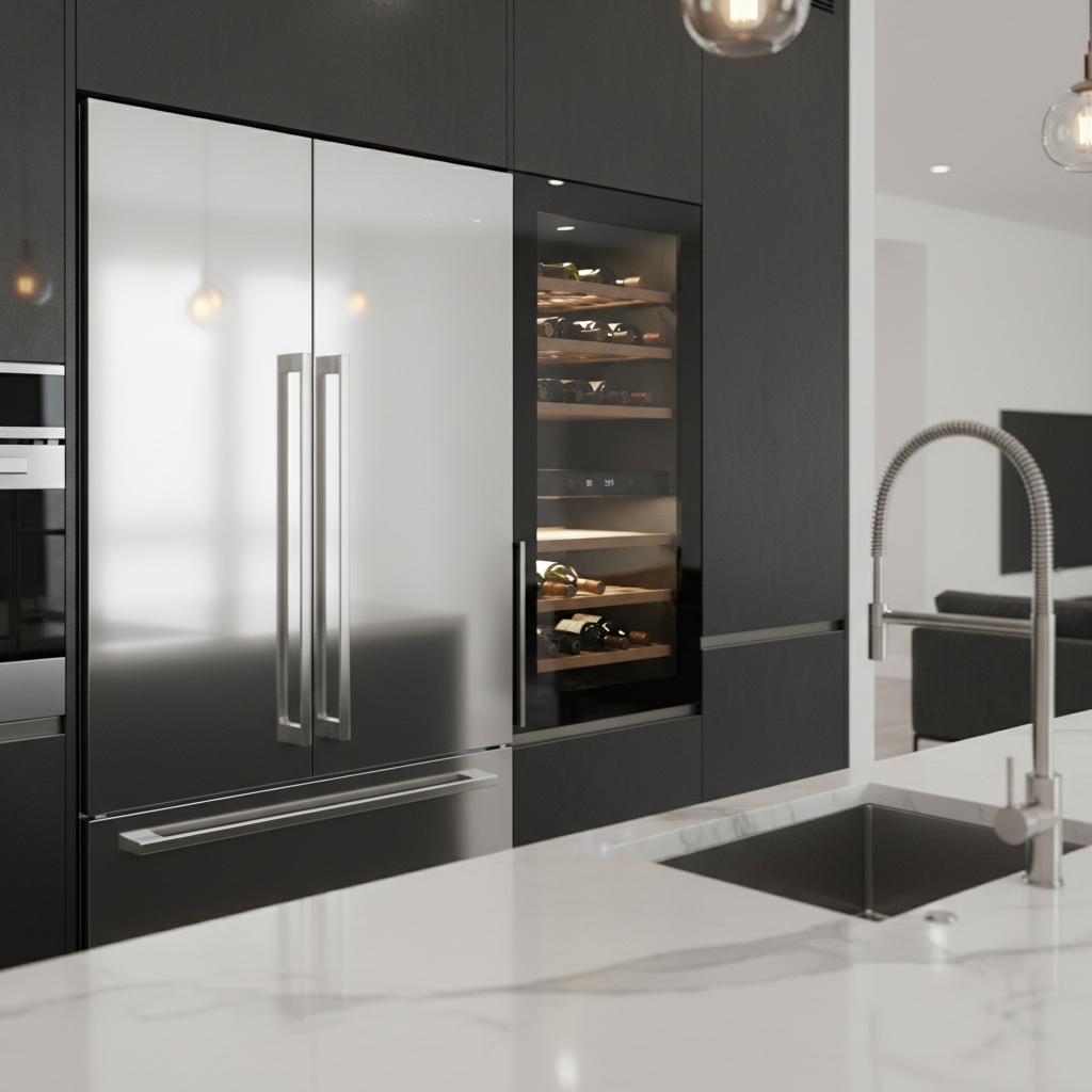 Premium built-in refrigerator and wine cooler in a luxury kitchen