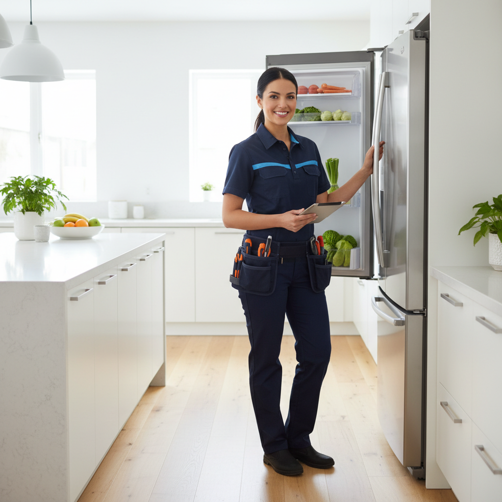 Smiling appliance repair technician in a modern kitchen